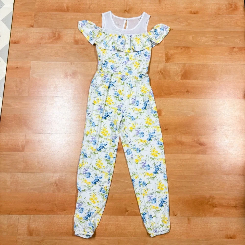 Laura Ashley Girls Yellow & White Floral Cold Shoulder Mesh Detail Jumpsuit M
